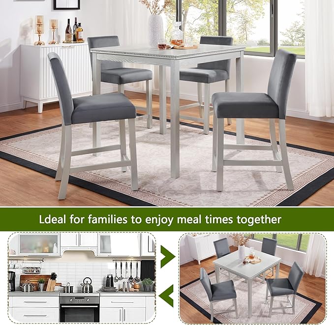 KEIKI 5-Piece Counter Height Dining Table Set with Square Table and 4 Upholstered Chair, for 4 Person, Classic Crystal Decoration Wooden Table Set, Easy Assembly, for Kitchen, Dining Room, Silver Grey