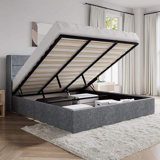 SHA CERLIN King Size Lift Up Storage Bed/Modern Wingback Headboard/Upholstered Platform Bed Frame/Hydraulic Storage/No Box Spring Needed/Wood Slats Support/Grey Blue