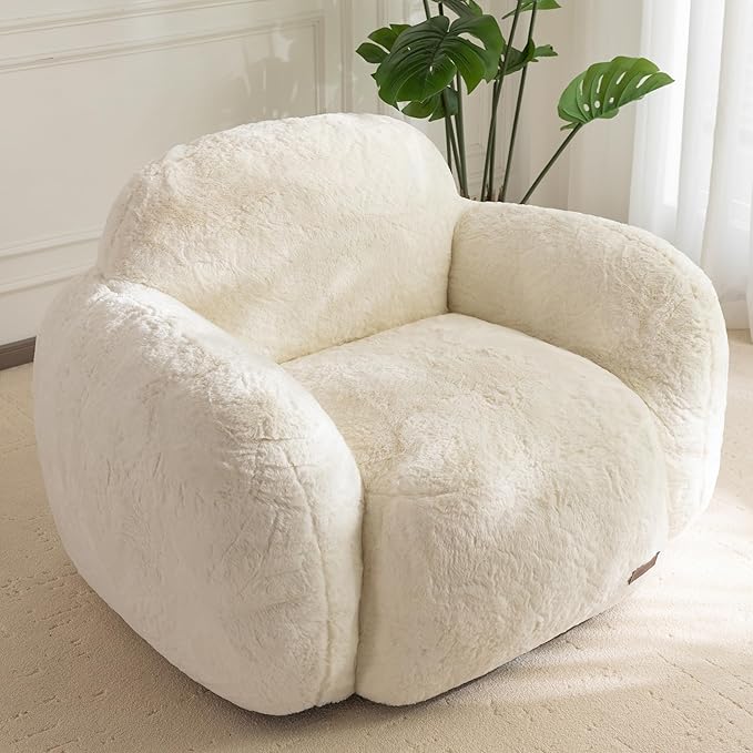 MAXYOYO Bean Bag Chair, Comfy Pebble Shaped Single Bean Bag Sofa for Adults, Stuffed Floor Sofa with Supportive Backrest & Armrests, Modern Faux Fur Accent Chair for Living Room & Bedroom, Beige