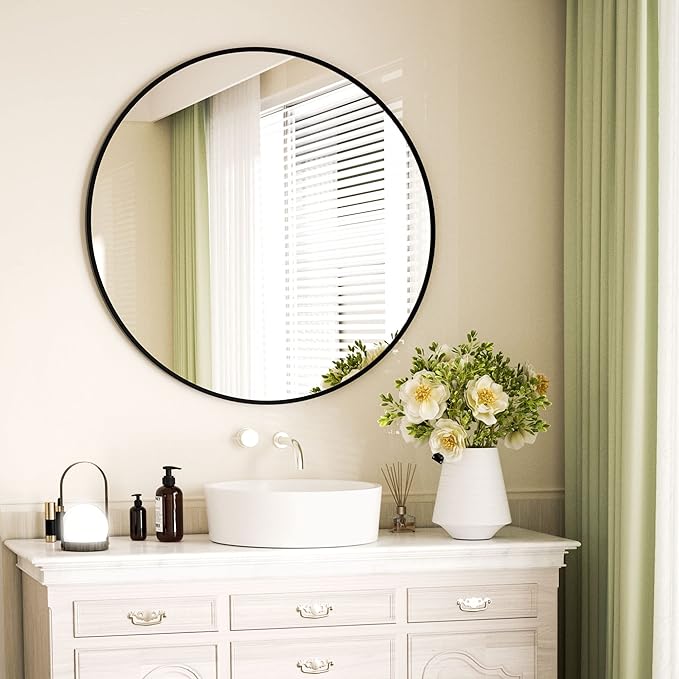 Round Mirror 15.7" Black Wall Mounted Circle Mirrors Vanity Mirror with Aluminum Alloy Frame Modern Decoration for Bathroom, Living Room, Vanity, Bedroom, Entryway
