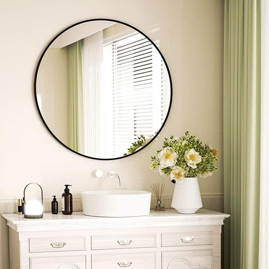 Round Mirror 15.7" Black Wall Mounted Circle Mirrors Vanity Mirror with Aluminum Alloy Frame Modern Decoration for Bathroom, Living Room, Vanity, Bedroom, Entryway
