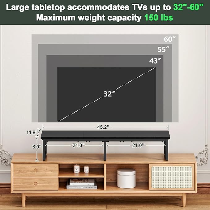 Clikuutory 45" Large TV Riser for 32-60 inch TVs, Tabletop Stand with Steel Legs, Storage & Dual - Screen Office Desk Function, Ideal for Home Office, Bedroom, Living Room, Black