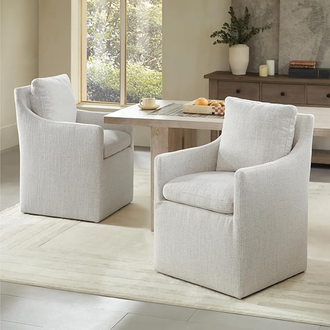 Upholstered Dining Chairs with Casters No Assembly Modern Accent Armchair with Rollers for Diningroom Bedroom Livingroom Reading Room,Linen,2 Boxs