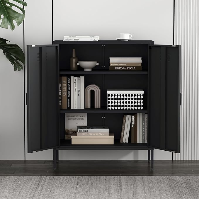 Manhattan Comfort Naomi Modern Metal Accent Cabinet, Minimalist Storage Cabinet with Doors & Adjustable Shelves, Vented Doors, Sturdy Steel Build, Versatile & Multi-Purpose Home Furniture, Black