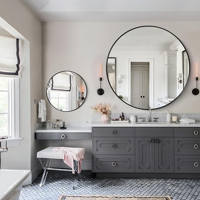 Black Round Mirror, 48" Wall Mounted Aluminum Alloy Frame - Large Round Mirror for Bathroom, Entryway, Living Room