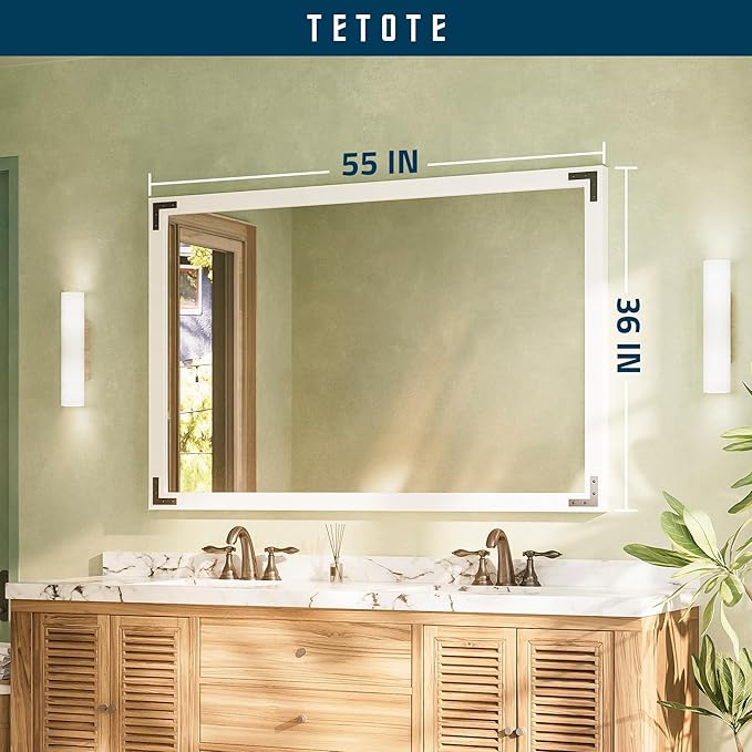 TETOTE 55 x 36 White Wood Mirror for Bathroom Wall/Bedroom/Living Room/Entryway Farmhouse Rustic Bathroom Vanity Mirror Waterproof (Horizontal/Vertical Mounted)