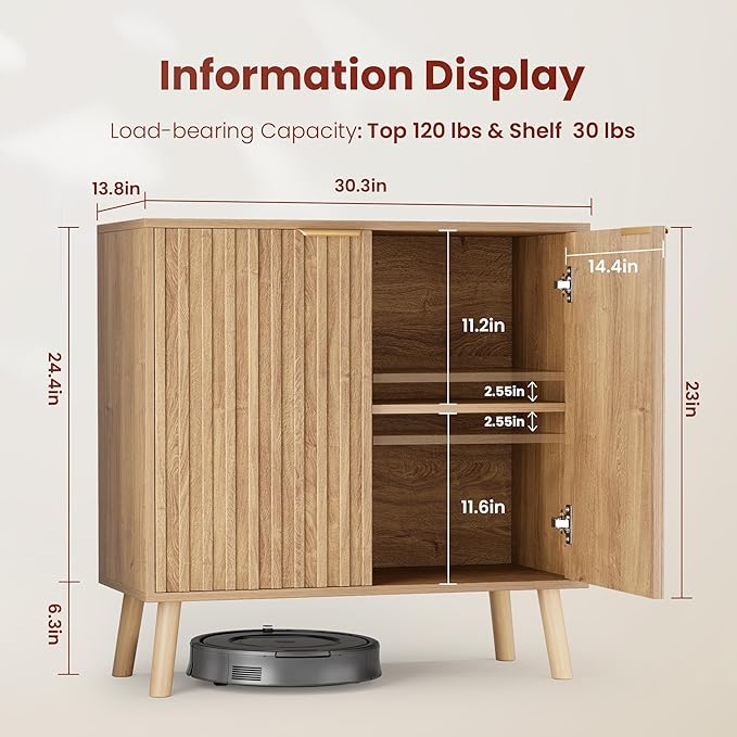 Pamapic Fluted Storage Cabinet, Sideboard Buffet Cabinet with Storage, Wood Credenza with Adjustable Shelves, Modern Accent Cabinet for Living Room, Kitchen, Entryway, Natural(2, Oak)