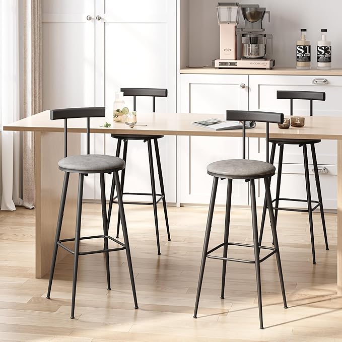 Bar Stools, Set of 2 High Kitchen Barstools, Bar Chairs with Backrest and Footrest, Industrial Counter Stools with PU Soft seat, for Kitchen, Living Room, Pub, Grey BS-013GR