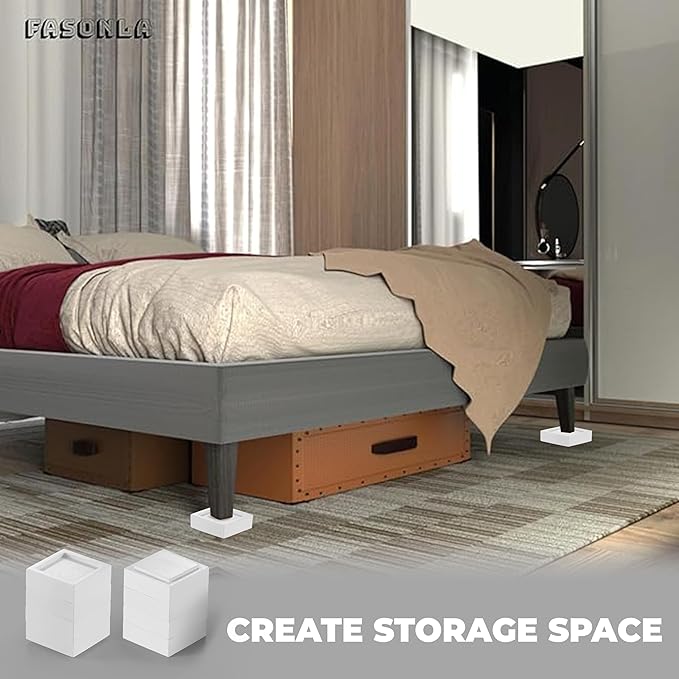 FASONLA Bed Risers (Set of 8) Furniture Risers Lifts Height 1", 2", 3" or 4", Solid Natural Wood Risers, Non-Slip Recessed Hole to Heavy Bed/Furniture (White Color)