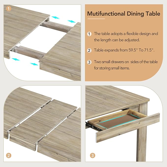 7 Pieces Dining Table Set with 6 Upholstered Chairs,Living Room Desk W/ 2 Drawers and 71.5" Rectangle Extendable Leaf,for Restaurant,Home Bistro,Natural Wood Wash