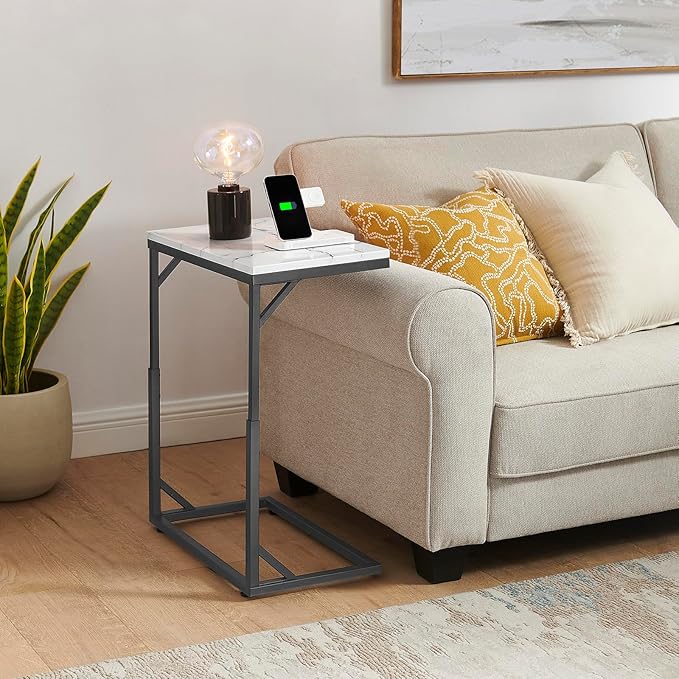 C-Shaped End Table, Small Sofa Table with Metal Frame, Adjustable Height Side Table for Couch, Living Room, Bedroom, Bedside (Black, Medium)