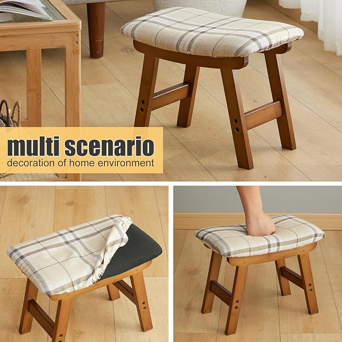 Foot Stool Ottoman Foot Rest Under Desk,Small Stool for Living Room, Bedroom and Kitchen (Brown Legs - Stripes Stool Surface)