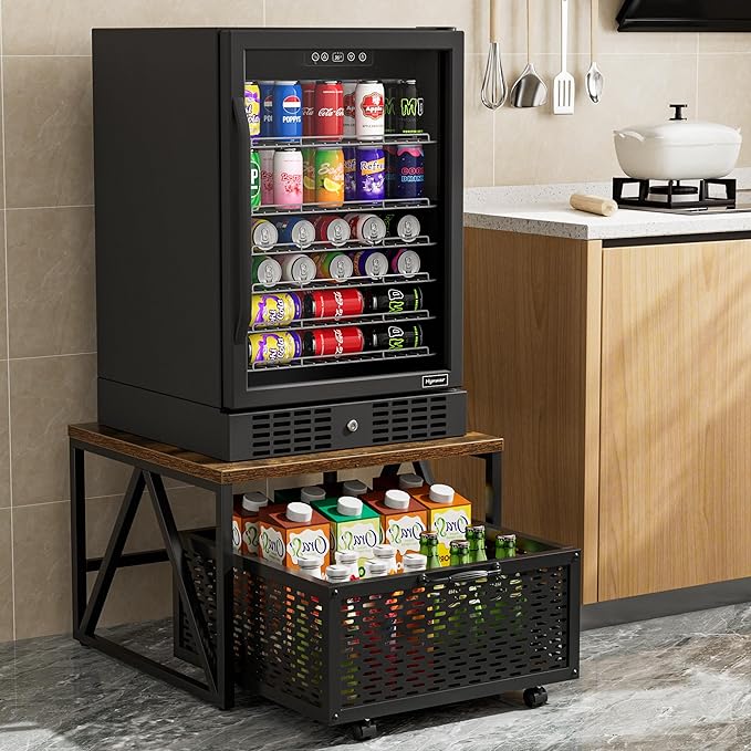 Urban Deco Mini Fridge Stand with Storage, Heavy Duty Fridge Cart with Drawer Basket, Mini Refrigerator Table for 220 LBS, Mobile Fridge Stand with Swivel Wheels for Dorm,Office,Home, Retro Brown