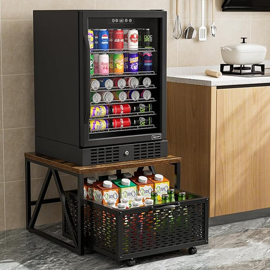 Urban Deco Mini Fridge Stand with Storage, Heavy Duty Fridge Cart with Drawer Basket, Mini Refrigerator Table for 220 LBS, Mobile Fridge Stand with Swivel Wheels for Dorm,Office,Home, Retro Brown
