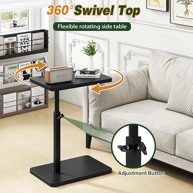 IBUYKE Tray Table for Couch, 360° Swivel Height Adjustable End Table for Small Spaces, with Phone & Tablet Slot, Modern Small Coffee Snack Table for Sofa/Bed, Black UTVT003B