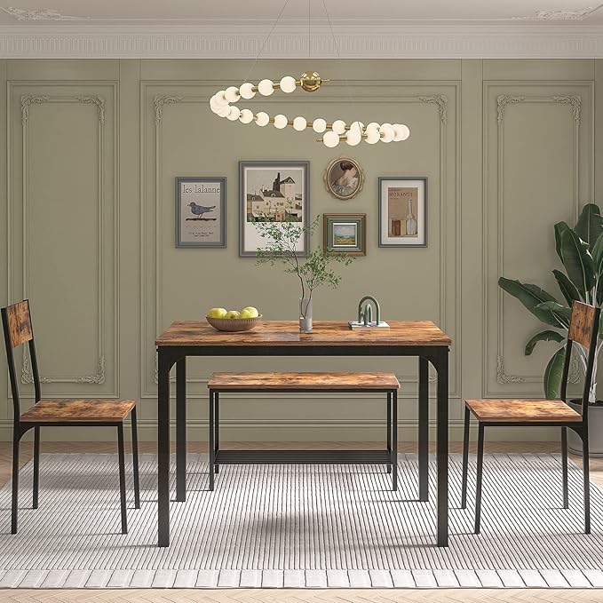 soges 4 Pieces Dining Table Set, 43.3 inch Kitchen Table Set for 4, Dining Set with 2 Chairs and Bench with Storage Rack, Nesting Furniture Set for Dining Room, Kitchen, Restaurant, Rustic Brown