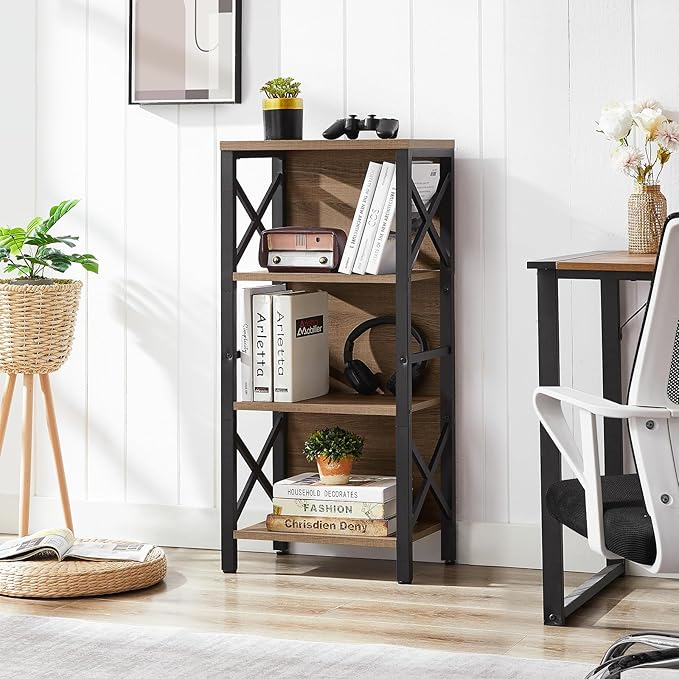 Small Bookshelf,4 Tier Industrial Bookcase with Metal Frame and Backboard,Narrow Rustic Brown Book Shelf,Book case for Small Spaces,Living Room,Bedroom and Home Office