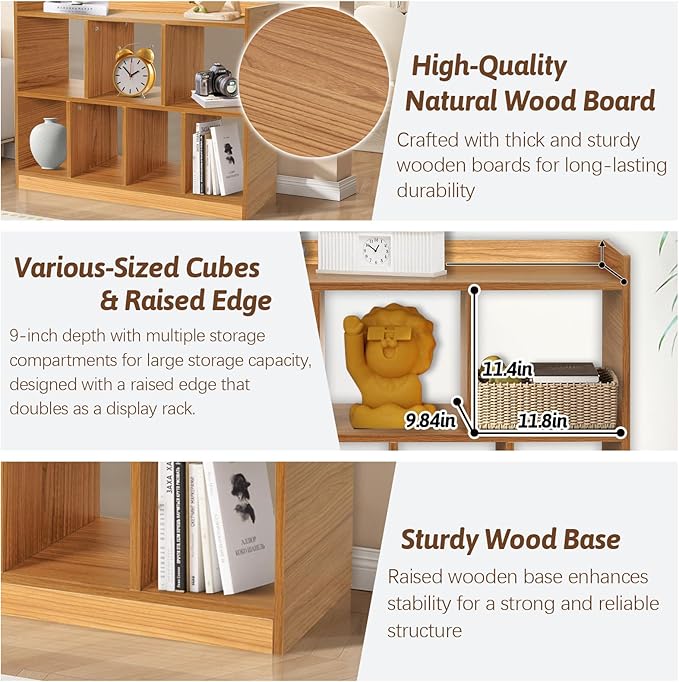 DOUSY- 7 Cube Bookshelf, Open Wooden Bookcase with Base, 2 Tier Cube Shelf Storage Organizer Shelf Display Rack Freestanding Horizontal Bookshelves for Bedroom, Living Room, Home Office