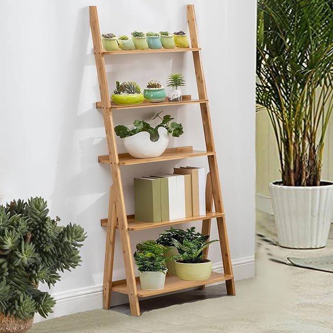 Maydear Bamboo Ladder Shelf Bookcase, 5-Tier Leaning Bookshelf Free Standing Organizer Storage Shelves for Living Room, Bedroom, Kitchen, Home Office, Balcony, Natural Wood