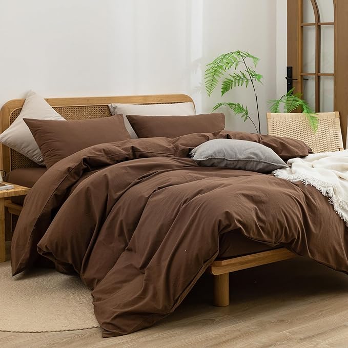 BESTOUCH Duvet Cover Set 100% Washed Cotton Linen Feel Super Soft Comfortable Chic Lightweight 3 PCs Home Bedding Set Solid Cocoa Brown Queen