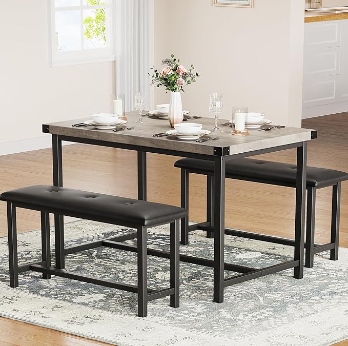 Dining Table Set for 4, Kitchen Table with 2 Upholstered Benches, 3-Piece Dining Room Set for Kitchen, Apartment and Small Spaces, Gray