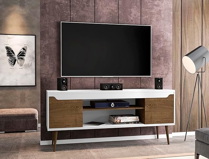 Manhattan Comfort Bradley Mid Century Modern TV Stand for Televisions up to 60 Inches, Living Room Entertainment Center with Storage, Media Shelves and Soft Close Doors, White/Rustic Brown