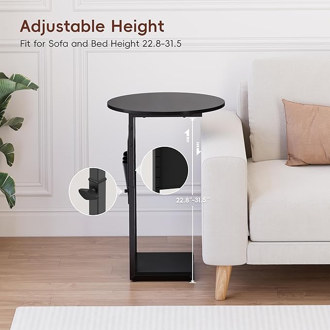 Vagusicc C Shaped End Table with Charging Station, 32" Tall Side Table for Couch and Recliner, Adjustable Height Small Couch Side Table Slide Under Sofa TV Tray Table for Living Room, Bedroom, Black