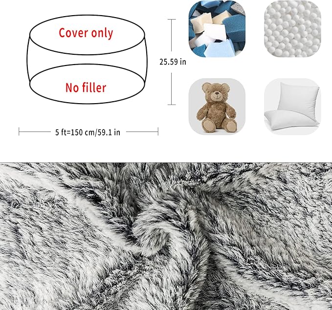 (No Filler) Bean Bag Chair Cover Without Filler,Big Round Soft Fluffy PV Velvet Washable Bean Bag Lazy Sofa Bed Cover for Adults,Living Room Bedroom Furniture Outside,5ft Black