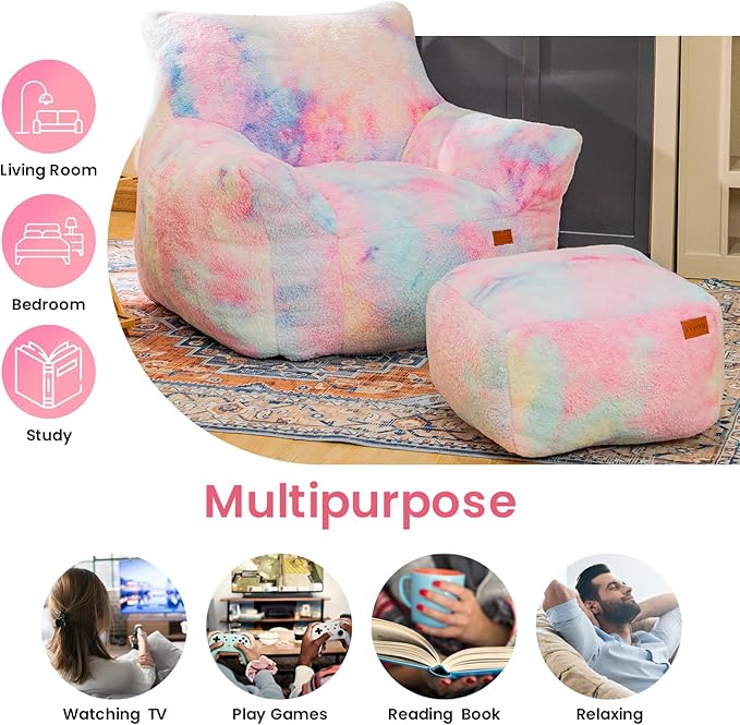 Bean Bag Chair, Sherpa Accent Beanbag Chair and Ottoman Set, Fur Faux BeanBag Chair with Memory Foam Filled, Lazy Sofa Comfy Cozy BeanBag Chair for Dorm, Apartment, Living Room (Colorful)