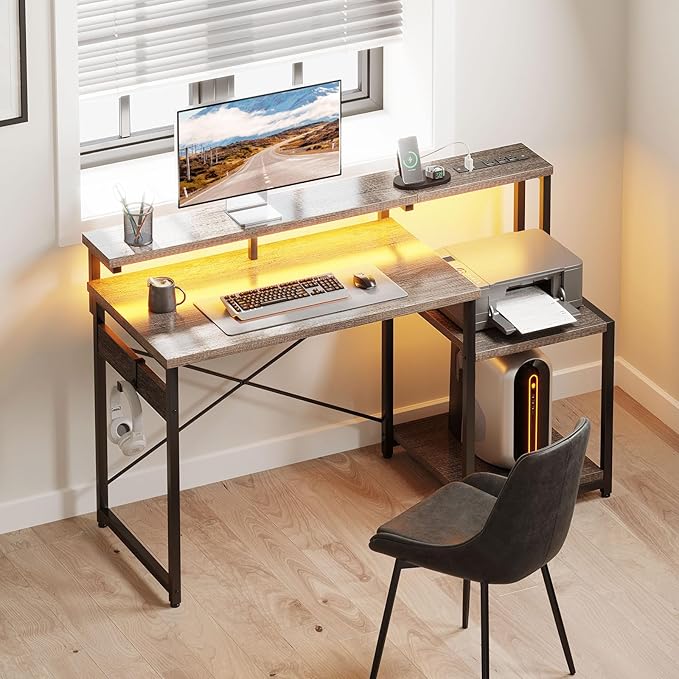 AODK Computer Desk, 48 Inch Gaming Desk with Led Lights & Power Outlet, Office Desk with Storage Shelves, Reversible Desk with Monitor Shelf & Headphone Hook, Grey Oak