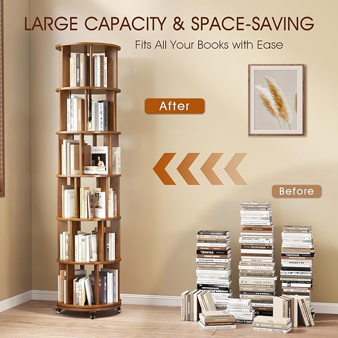 6 Tier Solid Wood Rotating Bookcase with Wheels, Round Revolving Bookshelf Organizer, 360° Spinning Storage Shelf for Corner, Small Narrow Spaces, Home, Office, Kids Room