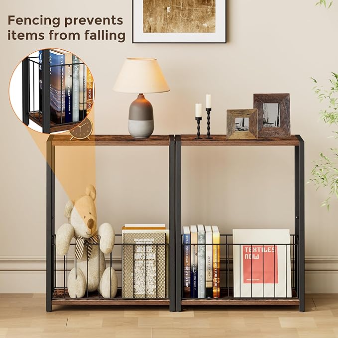 Narrow Side Tables Set of 2 with Magazine Holder, Skinny End Tables Perfect for Small Spaces, Space-Saving Design for Living Room, Bedroom, or Office, 7.1" D x 16.9" W x 23.6" H, Rustic Brown