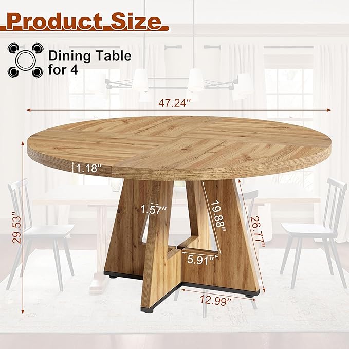 Round Dining Table for 4, 47 Inch Dinner Table Farmhouse Wooden Circle Kitchen Tables with Cross Base for Dining Room, Kitchen, Living Room, Retro Brown