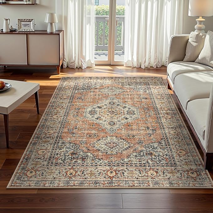 Lahome Oriental Washable Rugs for Living Room, 4x6 Bedroom Area Rug Ultra-Thin Soft Non Slip Stain Resistant Vintage Throw Carpet for ‎Office Dining Room, Peach/Orange