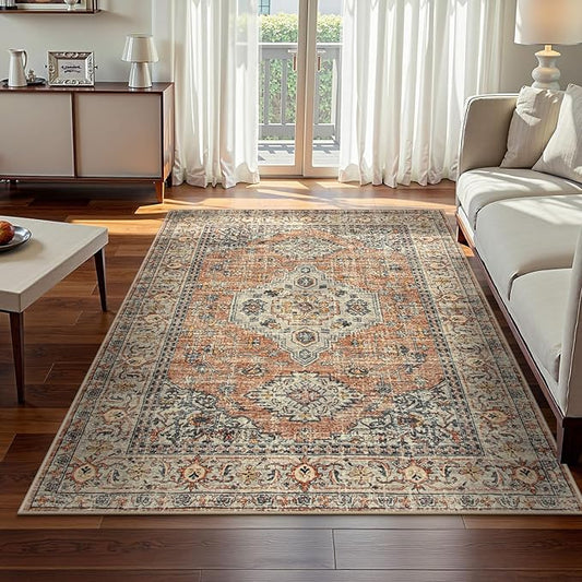 Lahome Oriental Washable Rugs 5x7, Soft 5x7 Rug for Bedroom Living Room, Ultra-Thin Non Slip Stain Resistant Vintage Throw Carpet for ‎Dining Room Office, Peach/Orange