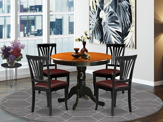 East West Furniture ANAV5-BLK-LC 5 Piece Dinette Set for 4 Includes a Round Kitchen Table with Pedestal and 4 Faux Leather Dining Room Chairs, 36x36 Inch, Black & Cherry