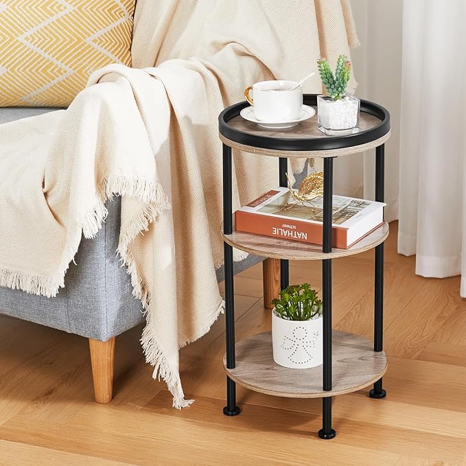 Side Table, Small Round Side Table for Small Spaces, 3-Tier Round Accent Table Slim Side Table, Modern Sofa End Table Corner Table for Living Room Nightstand Bedroom (Oak)