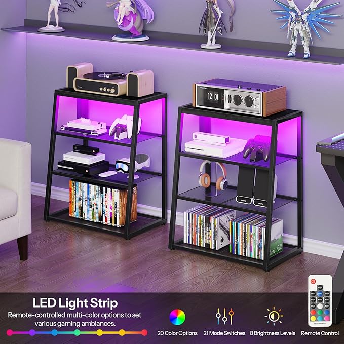 HOOBRO 4-Tier AV Media Stand with Charging Station and LED Light, Wooden Stereo Cabinet, Corner TV Stand, Rack Audio Tower, Corner Entertainment Center, Black BB107UDCJ01