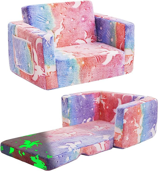 Toddler Chair Comfy,2-in-1 Soft Toddler Couch Fold Out for Kids,Convertible Sofa to Lounger,Gift for Girls and Boys Birthday,Elf,Medium