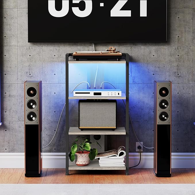HOOBRO 4-Tier AV Media Stand, Media Console with Charging Station and LED Light, Wooden Stereo Cabinet, Corner TV Stand, Record Player, Entertainment Device Stand, BG38UDCJ01