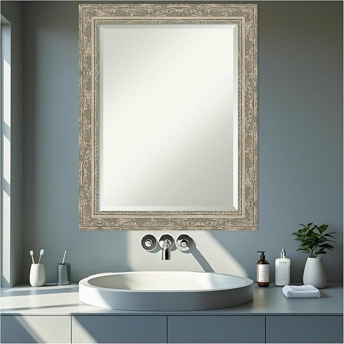 Amanti Art Bathroom Mirror for Over Sink, 29x23 Filigree Silver Rectangle Vanity Mirror, Medium Traditional Frame, Hangs Horizonally and Vertically, Bathroom Wall Decor, Beveled Edge