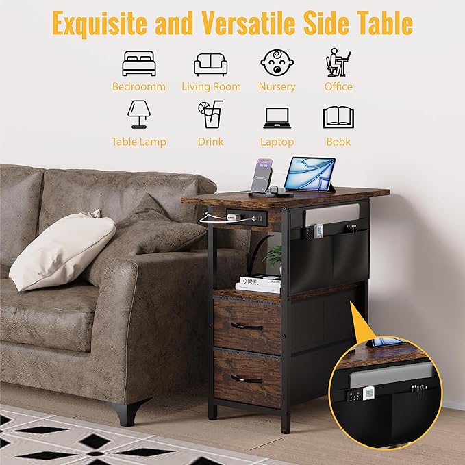 Small Side Table with Charging Station, Narrow Nightstand Bedside Tables with Storage Pocket for Living Room Bedroom, Sofa End Table with USB Ports and Power Outlets for Small Spaces