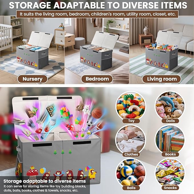 80L Large Toy Storage Box with Lid, Large Toy Box Chest for Kids, Girls and Boys, Nursery Room and Living Room, 26"x13" x16" (grey-bear)