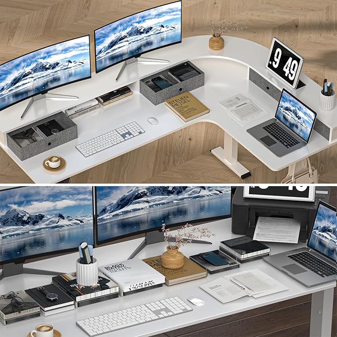 67" L Shaped Standing Desk, Electric Height Adjustable Corner Table with Drawers, Modern Standing Gaming Desk with Monitor Stand for Home Office Entertainment, Snow White
