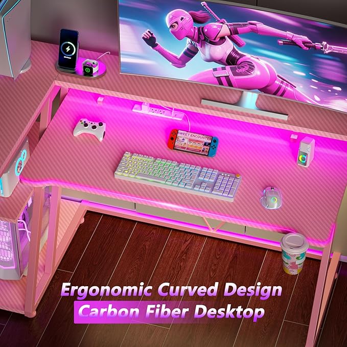40 Inch Pink Gaming Desk with Power Outlet & LED Lights, Corner Computer Desk with 3 Tiers Storage Shelves, L Shaped Gaming Desk with Monitor Stand for Bedroom