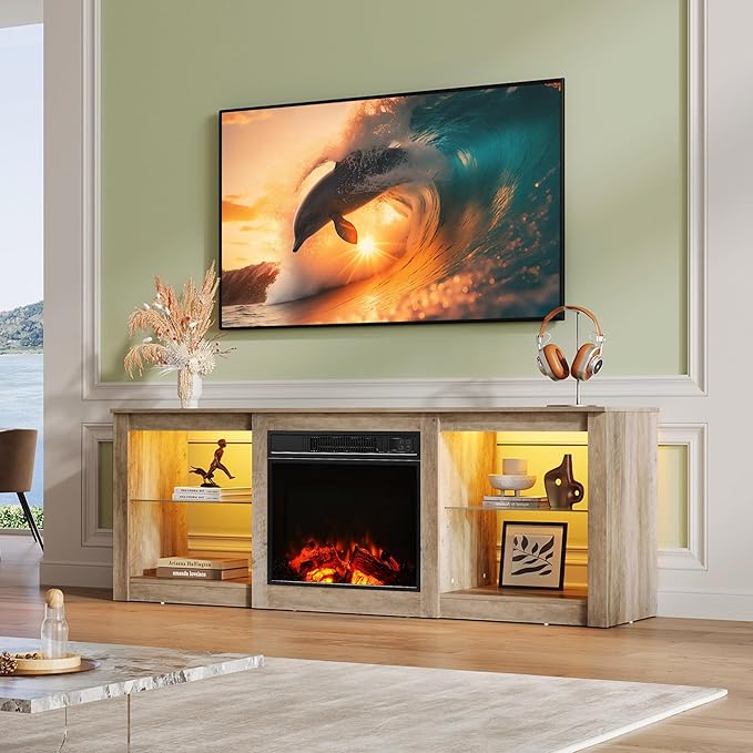 WLIVE 58 Inches Fireplace TV Stand with LED Lights, Modern Entertainment Center with 18'' Electric Fireplace & Adjustable Glass Shelves, Sturdy Media Console for Living Room, Bedroom (Grey Oak)