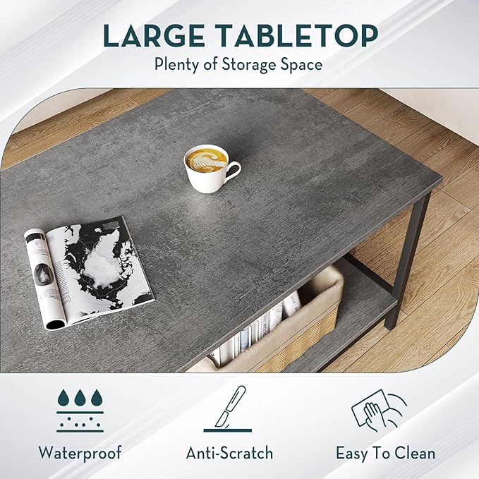 SAYGOER Coffee Table with Storage 2-Tier Industrial Center Table for Living Room, Rectangle Wood Table for Small Spaces Apartment Home Office, Concrete Gray