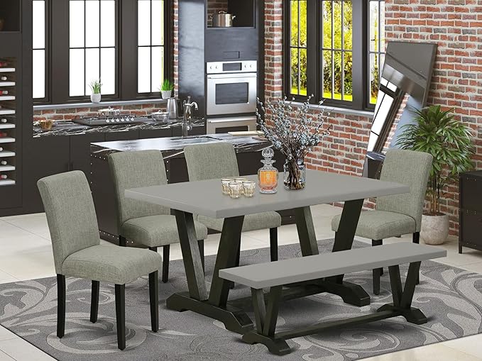 East West Furniture V696AB106-6 6 Piece Modern Dining Table Set Contains a Rectangle Wooden Table with V-Legs and 4 Shitake Linen Fabric Parson Chairs with a Bench, 36x60 Inch, Multi-Color