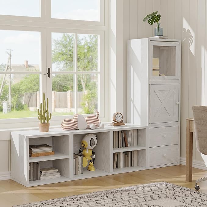 FUSUNBAO Magic DIY Cube Storage Organizer Stackable Cubes for Home Books Clothes Toy-Modular Cubby Storage System-Office Cubical-Bookcase Closet(Pure White-Washed, Glass Door Cube)