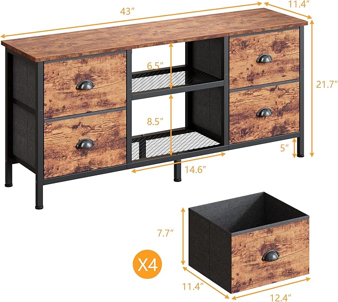 Furologee TV Stand with 4 Drawers, 43 Inch Entertainment Center with Open Shelves, Media Console Table for 50" TV, Television Stand for Bedroom, Living Room/Rustic Brown